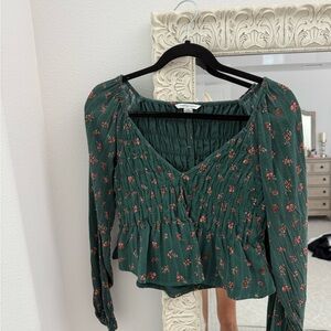 American Eagle Outfitters Green Smocked Peplum Sweater